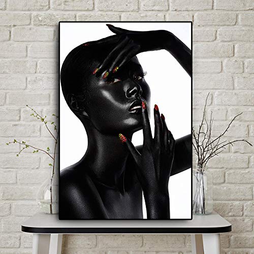 Peinture sur toile femme africaine et ongles rouges art mural salon 50x70cm sans cadre
