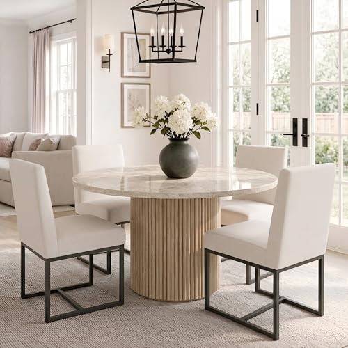 Image of HNY Modern Dining Chairs Set of 4, Upholstered Linen Dining Room Chairs with Ergonomic Back & Metal Frame for Home, Kitchen, Apartment, Cream
