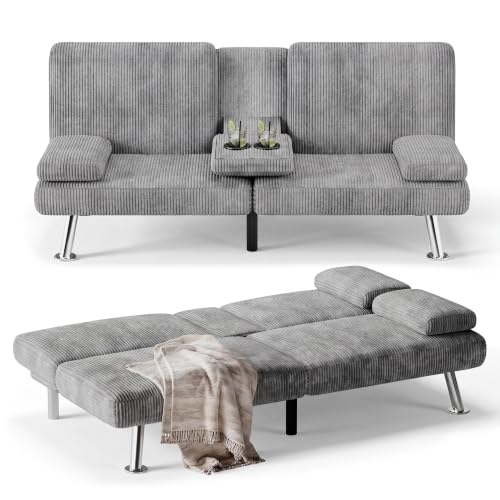 Image of Flamaker Futon Sofa Bed, Modern Corduroy Convertible Folding Futon Set