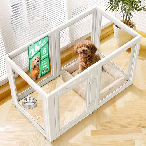 Image of FXW AuraSpace Acrylic Indoor Dog Playpen for Puppies and Small Dogs, 24 Inch, 6 Panels, White