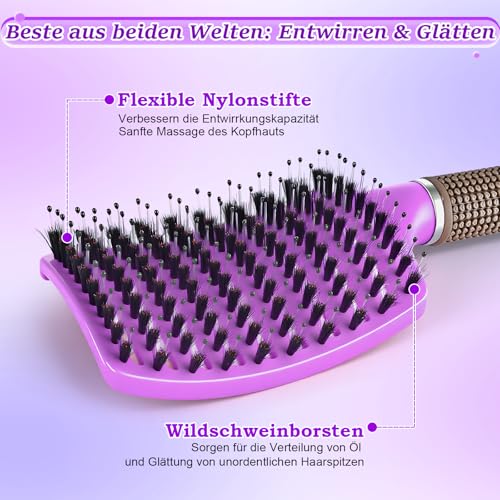 Haarbürste ohne Ziepen, Extensions Bürste mit Aufhängeloch Damen, Haarbürste Wildschweinborsten für trockenes/nasses/lockiges/glattes Haare, Lila