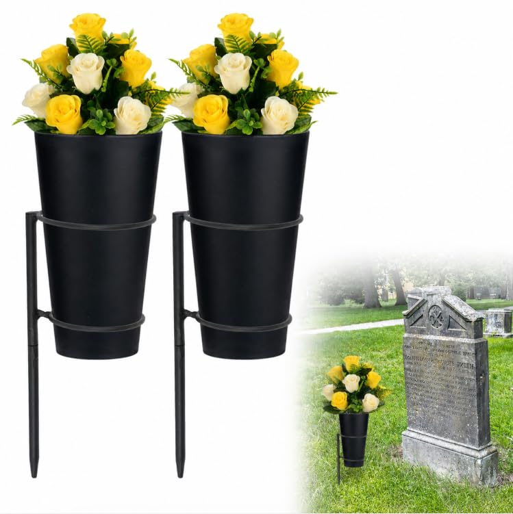 KMQRDZi 2 Pack Metal Cemetery Vases, Memorial Grave Vases with Stakes, Flowers Holder, Headstone Vase with Ground Spikes Plastic Pot for Fresh or Artificial Flowers, Lawn Yard Funeral (With Flowers)