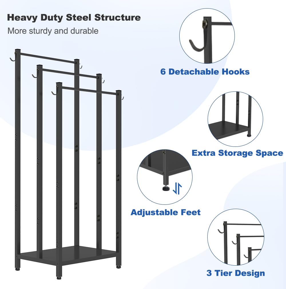 AnBaiMei 44 Inch Tall Free Standing Towel Rack with Metal Storage Shelf & 6 Hooks for Bathroom, 3 Tiers Heavy Duty Blanket Drying Stand Holder for Outdoor Pool, Bedroom, Living Room, Black