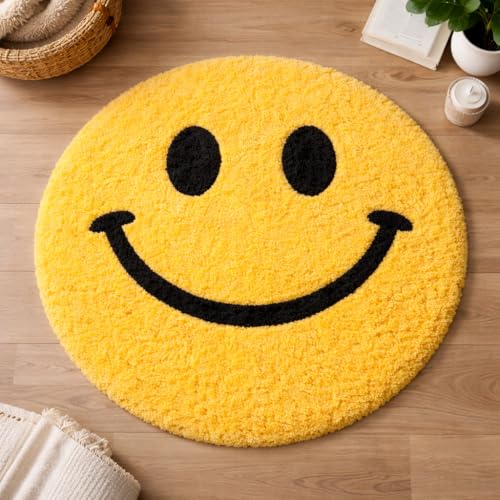 Image of Xenluxe Ultra Soft Plush Shaggy Polyester Round Area Rug for Kids Playroom Nursery Bedroom and Safe Indoor Play Spaces - (Yellow Smile, Round, 5x5 feet)