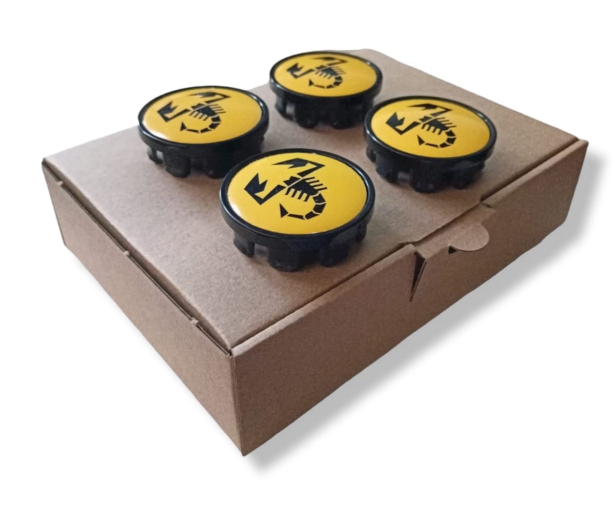 Set 4 Tappi Coprimozzo Copri Mozzo con Scorpione Diametro 50 mm Compatibili per ABARTH Cerchi Essesse Coppe Coppette per Cerchi in Lega Giallo Nero