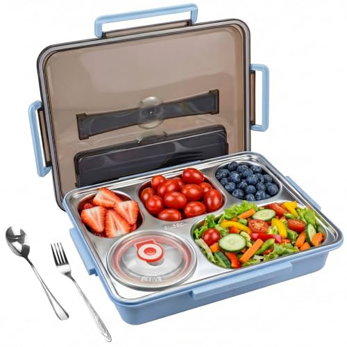 Lunchbox aus Edelstahl mit 5 Gittern & Separater Suppenschüssel - 1500ml Groß Edelstahl Brotdose mit Messer & Gabel für Erwachsene, Bento Lunch Box, Snackbox, Sandwichbox, Brotbüchse, 30*23.5*7cm