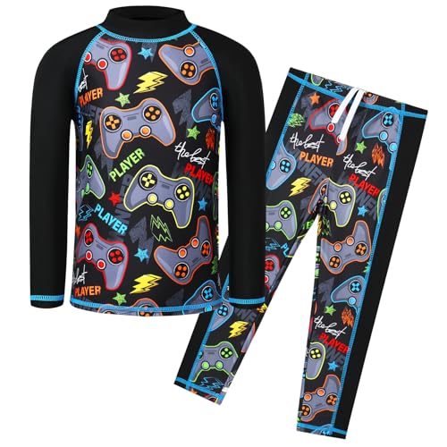 Image of TFJH E Boys Bathing Suits 2-Pieces Rash Guard Sets UV 50+ Kids Swimsuits Swimwear 509 Black Game 116 /122