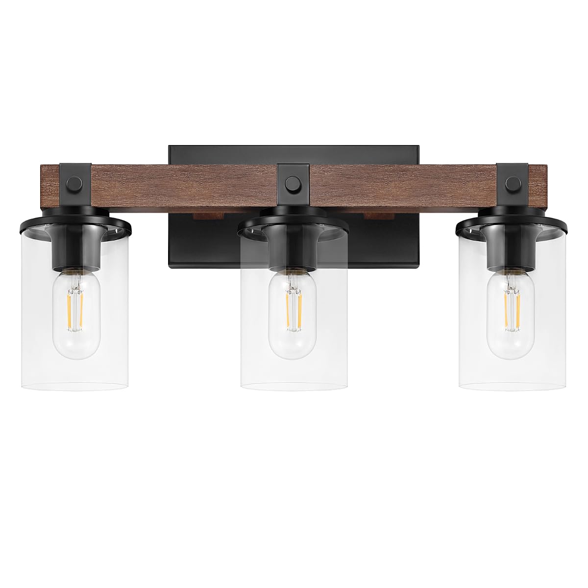 Farmhouse Wood Vanity Light, 3-Light Rustic Bathroom Light Fixtures Over Mirror with Clear Glass Shade, Farmhouse Wall Sconces for Living Room,Dining Room,Hallway (Antique Wood, 3-Light)