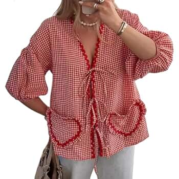 MOLERFO Tie Front Tops for Women Gingham Babydoll Bow Top
