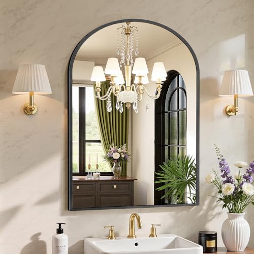 Image of Sweetcrispy 38 inchx30 inch Arched Black Bathroom Mirrors for Wall, Bathroom Mirrors for Over Sink, Metal Framed with HD Shatter-Proof Glass for Entryway, Living Room, Bedroom, Home Decor