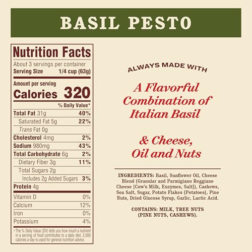 Image of Rao's Homemade Basil Pesto Sauce, 6.7 oz, Flavorful Pasta Sauce, Premium Quality, With Cheese, Nuts, Garlic & Olive Oil