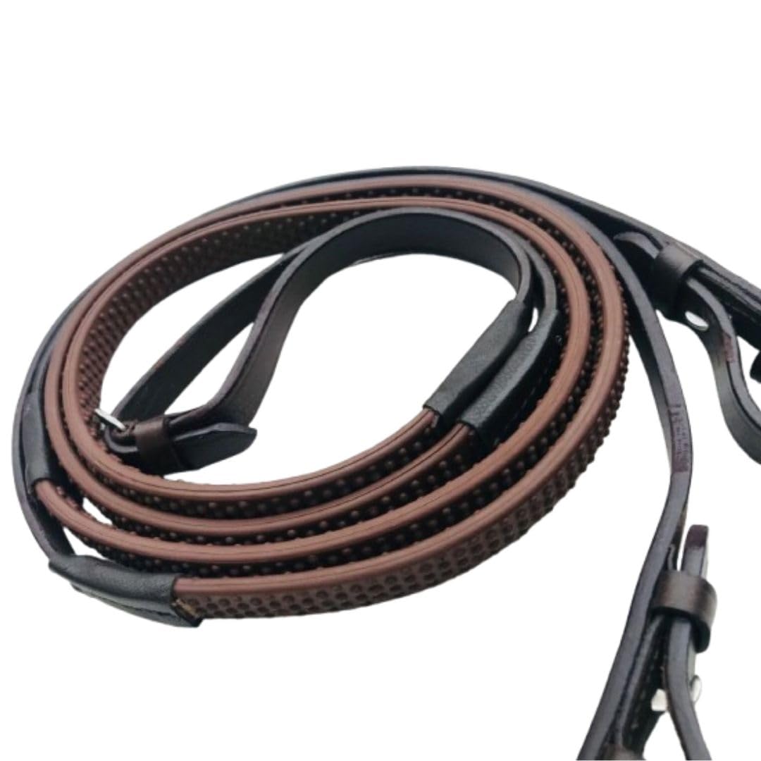 Benz Equestrian BioGrip Solid Rubber Reins Flexible Soft Narrow Pebble Black Brown Leather Cob Full Horse (Brown, cob 54'') — image 1