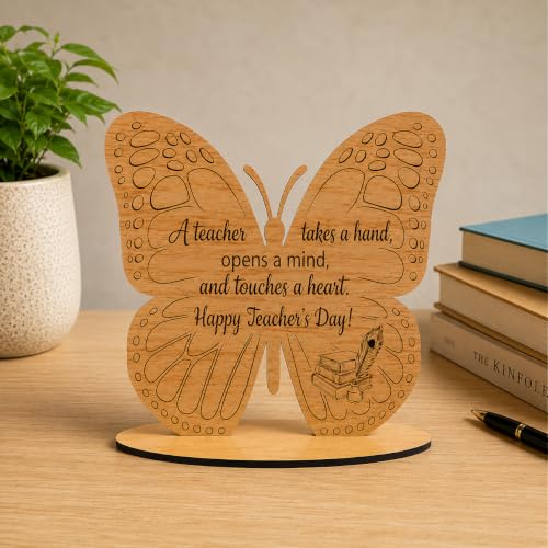 Image of Wooden Butterfly Table Top for Teacher | Happy Teacher's Day Engraved Desk Decor | Premium Wooden Appreciation Gift