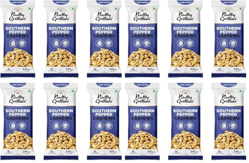 Image of Nutty Gritties Premium Jumbo Size Southern Pepper Cashew Nuts 240g, Natural Flavoured Whole Cashew | W240 | Zero Breakage | Resealable Pouch | Each Pouch 40g | Pack of 12