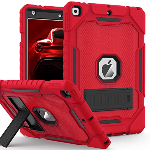Image of ZoneFoker Case for iPad 9th /8th /7th Generation 2021 /2020 /2019(10.2 inch), Heavy Duty Shockproof Rugged Protective 10.2 inch Cover with Built-in Kickstand for iPad 9 8 7 Gen (Red+Black+Black)