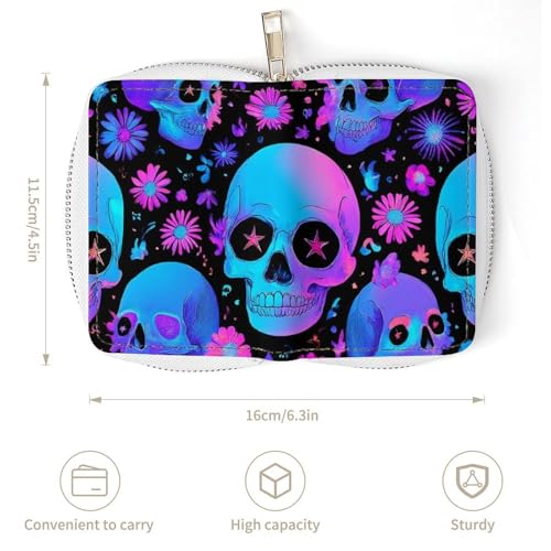 Portable Slim Wallet for Men Women, Pu Leather Credit Card Holder with 20 Slots Neon Purple Flowers Floral Skull Card Coin Organizer Bag3