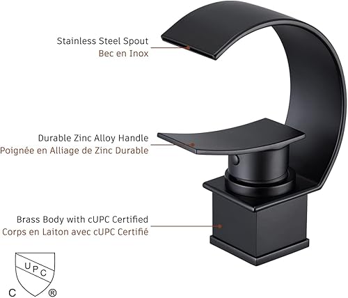 Miniatura 3 de MONDAWE Grifo para fregadero de baño grifo de tocador de una sola manija en cascada para fregadero 1 agujero en negro