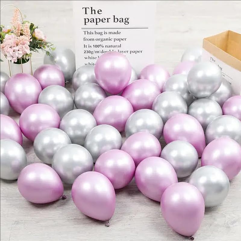 Image of Balloon for Birthday Decoration Kit Chrome Metallic Pink & Silver 20 pcs Latex Glossy Finish Party Balloons for Wedding, Anniversary Celebration 10 Inch Helium & Air Supported