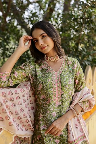 Nainvish Women's Viscose Rayon Printed Straight V-Neck Kurta Pant With Dupatta (Sd700_Kbd-Xxl_Green)