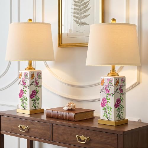 Vortether 24.75 Mid Century Modern Lamp Set of 2 Vintage Farmhouse Chinoiserie Ceramic Table Lamps Floral & Bird Pattern Bedside Lamps for Bedroom Living Room Nightstand Side Table White & Gold