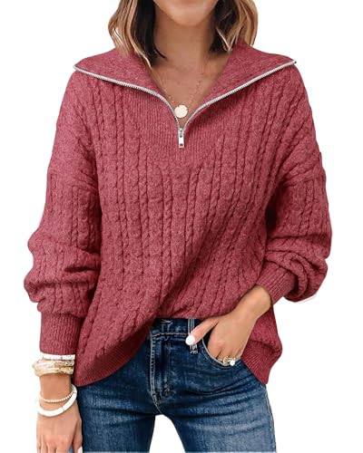 Image of Vivilli Women's Quarter Zip Cable Knit Oversized Sweaters Long Sleeve V Neck Pullover Sweaters 2024 Fall Winter Fashion