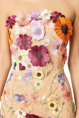 3D Floral Embroidery Prom Dresses for Women Long Strapless Flower Appliques Tulle Formal Evening Party Gowns4