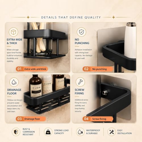 Image of Pack of 2 Self-Adhesive Aluminum Bathroom Shelves Mounted Without Drill for Wall | Space-Saving Storage Organizer Racks for Bathroom and Kitchen Accessories | Stylish Wall Stand for Home