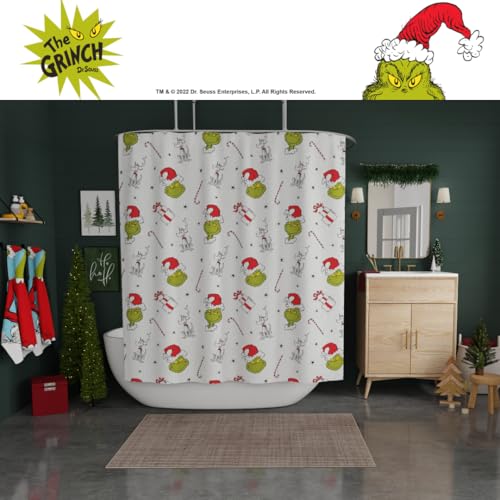 Image of Grinch Gift Dreams Holiday Christmas13-Piece Shower Curtain Set, 72 x 72 Inch Fabric Curtain with Hooks, Bathroom Decor, Machine Washable, (100% Officially Licensed Product) by Franco Collectibles