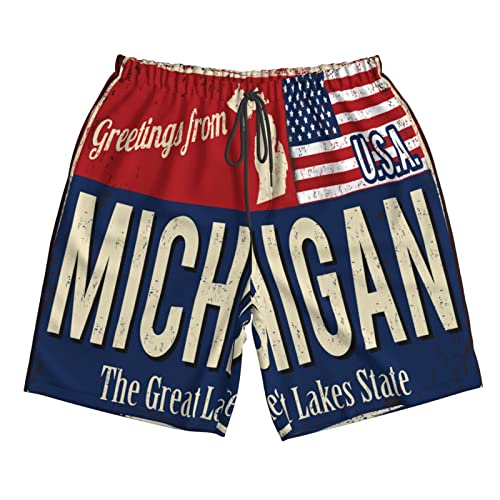 Michigan USA State Flag map red Blue Mens Swim Trunks Beach Shorts Summer Sports Running Bathing Suits