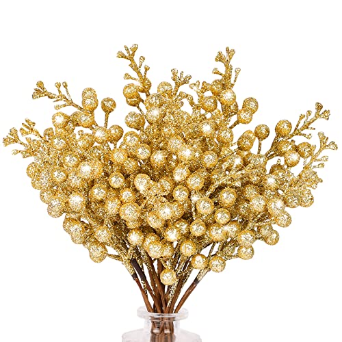 N&T NIETING Lot de 24 décorations de Noël en forme de baies dorées - 24,9 cm - Branches de houx artificielles pour fabrication de couronnes - Fournitures de décoration de sapin de Noël Cover