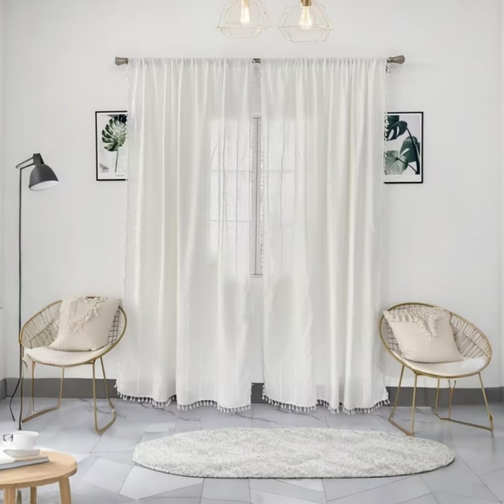 Amidoudou 1 Pair Striped Boho Curtain for Living Room Bedroom Farmhouse Window Tassel Curtain (White,54x90 Inch)