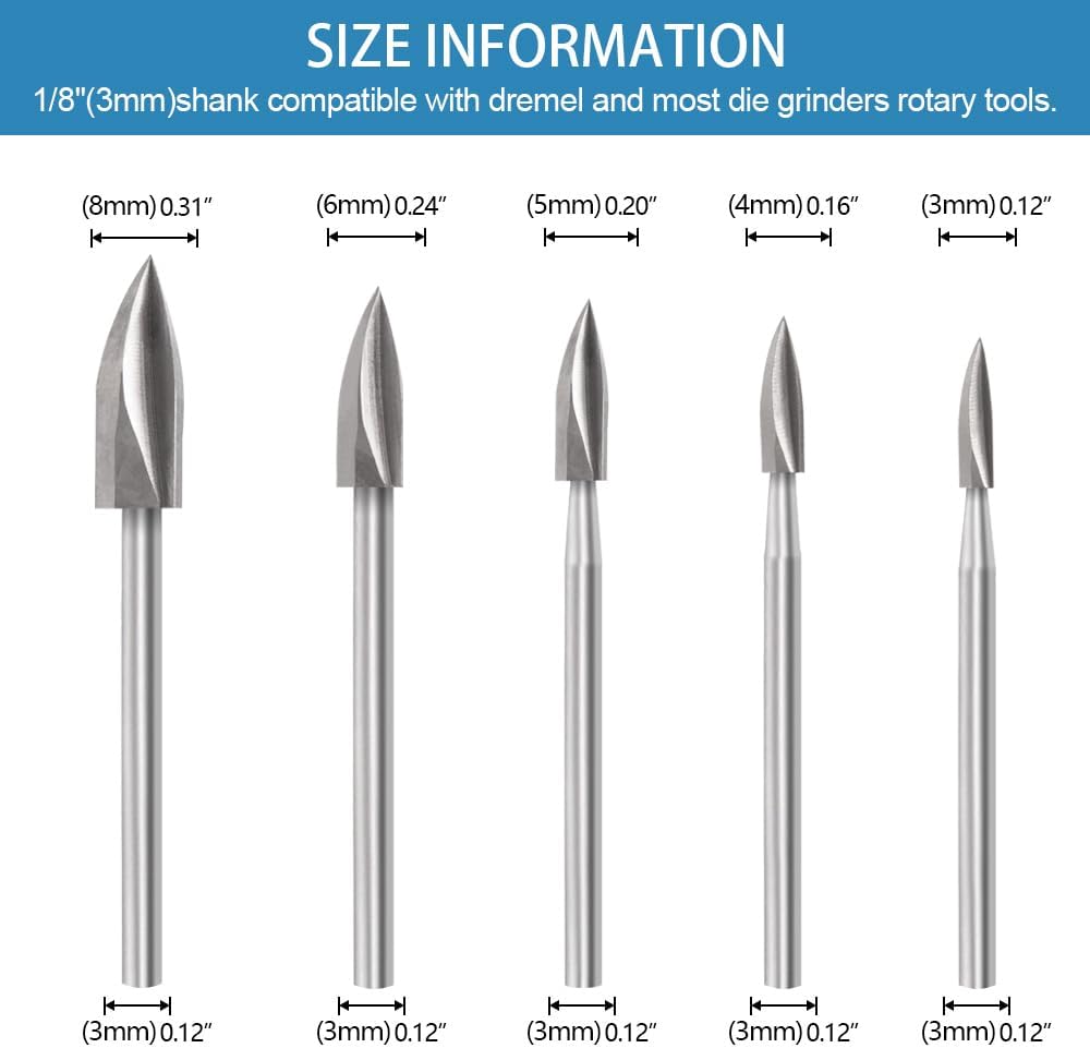 shengbenhao Wood Carving Tools Kit Compatible with Dremel Rotary Tool, 5Pcs Wood Whittling Kit Carving Bits for Beginners with 1/8” Shank For DIY Woodworking Engraving Carving Drilling