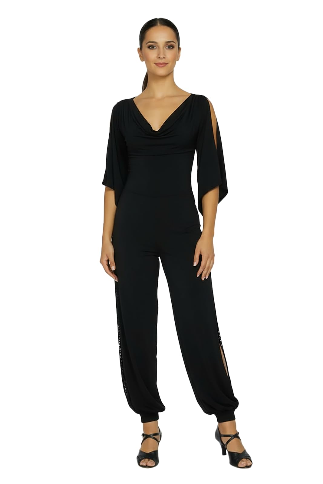 Damen Hose mit seitlicher Öffnung mit Pailiettenband verziehrt Fuer Tango und Latin, schwarz