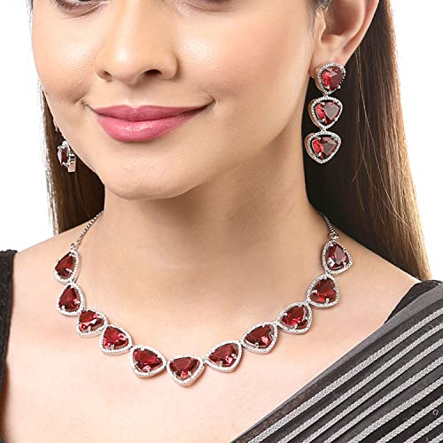 Image of ZENEME Rhodium Plated Silver Toned Triangular Shaped American Diamond Studded Jewellery Set For Women and Girl