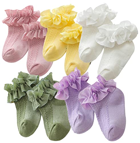Image of QandSweet Baby Girls' Eyelet Flower Socks Ankle Sock for Newborn Infant Toddlers Kids (0-12 Months, Ruffles -5Pairs)