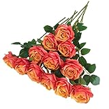 ATFL Fake Sunset Red Roses Artificial Flowers Bulk,Floral Diameter 4'',12 Pcs Artificial Silk Roses Flowers with Stems for Wedding Arrangement Centerpieces Party Home Table Decorations (Orange & red)