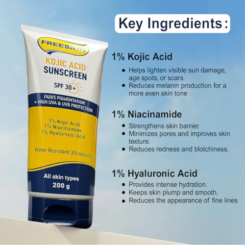 Image of Free Skin Kojic Acid Sunscreen SPF 30+ | Fades Pigmentation & Dark Spots | High UVA Protection | Enriched with 1% Kojic Acid, 1% Niacinamide & 1% Hyaluronic Acid | Suitable for All Skin Types | 200g