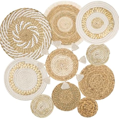 LOMOHOO Set of 10 Boho Wall Basket Decor Wicker Woven Wall Basket Decorations Bohemian Handcrafted Round Basket Hanging decor Bulrush Wall Art Decors for Living Room Rustic Home Cover