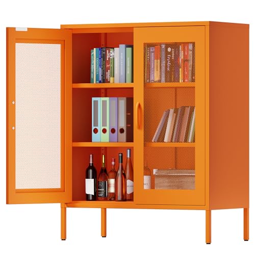 Chshin Metal Locker Storage Cabinet with 2 Mesh Doors and Adjustable Shelves,Orange Metal Locker Cabinets,Coffee Bar Cabinet,Kitchen Pantry Storage Cabinets for Home,Sideboard,Office(40' H)