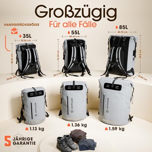 Earth Pak Summit wasserdichter Rucksack, Backpack mit leistungsstarkem Reißverschl 35Luss und Rolltop, wasserfester Handyhülle (Grau)