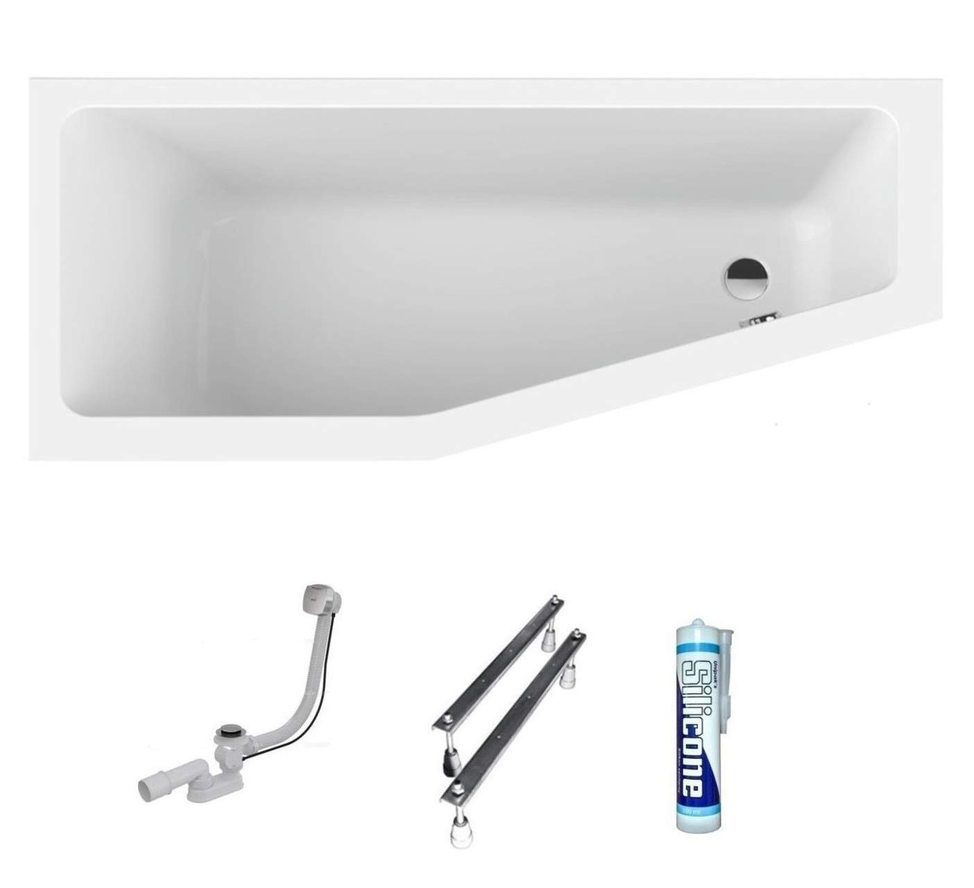 ECOLAM® raumsparende Badewanne Eckwanne Acryl weiß Keos 160x70 cm LINKS + Ablaufgarnitur Ab- und Überlauf Automatik Füße Silikon mit Antirutsch-Oberfläche