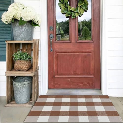 Kozyfly K-GZ Buffalo Plaid Area Rugs 2X3 Ft Coffee And White Checkered Rug Washable Front Door Mat Hand Woven Cotton Outdoor Rug Small Rug cover