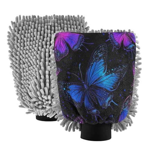 STAYTOP Beautiful Blue Butterfly Car Wash Mitt Microfiber, 2Pcs Scratch Free Lint-Free, Premium Chenille Microfiber Mitt Car Wash Brush-M