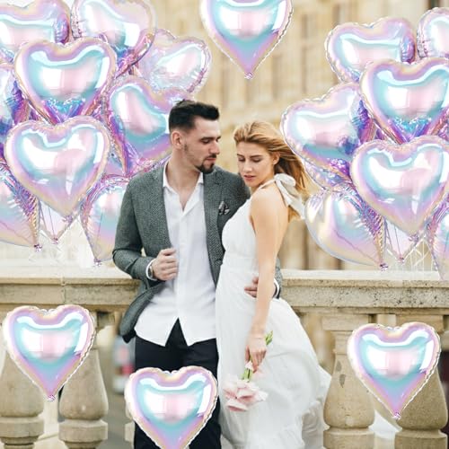 Image of Iridescent Heart Balloons, 10 Pcs Transparent Rainbow Heart Shaped Balloon, 18 Inch Gradient Clear Foil Balloons for Engagement Brithday Baby Shower Wedding Valentines Mermaid Party Decorations