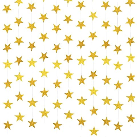 GCQQ 16M Reflective Star Paper Garland, Glitter Gold Star Garland, Sparkling Star Garland Bunting, Christmas Star Paper Garlands for Christmas Decoration, Party Decoration, Room Decoration (Gold) Cover