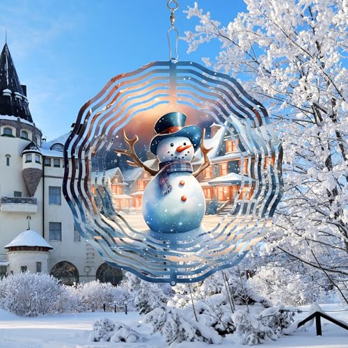 Snowman Christmas Wind Spinners for Yard and Garden 3D Stainless Steel Wind Spinner Unique Gift Outdoor Wind Spinner 10 inch 3D Xmas Wind Sculptures