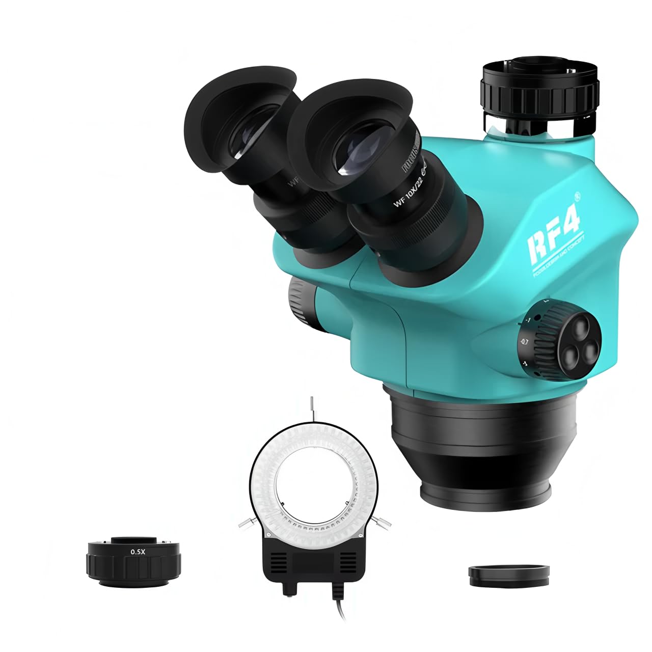 Cabeza trinocular de microscopio con Zoom Continuo WF10X/22mm y Enfoque simultáneo 7-50X, para Soldadura de PCB y teléfonos (RF-7-50X 0.5CTV LED)