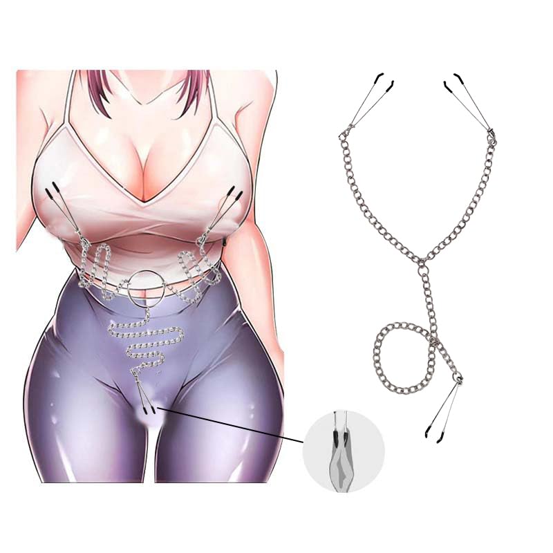 Y-Style Nipple to Clit Chain Set – Adjustable Non-Piercing Nipple & Clit Clamp Jewelry for Women, Sensation Play Bondage Accessory with Soft-Tip Clips (Silver)