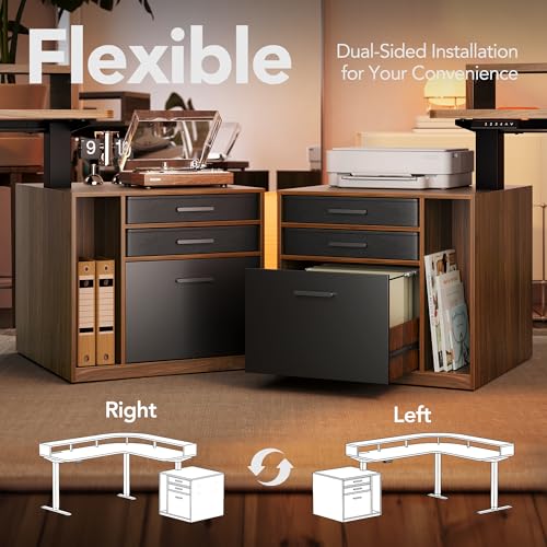 Image of HUANUO LED Electric L Shaped Standing Desk with File Cabinet, Walnut | 63 inchx55 inch 2-Tier L-Desk,3-Drawer File Cabinet,RGB LED App Lighting,Built-in Power Outlets,27.6 inch-46.5 inch Adjustable Height