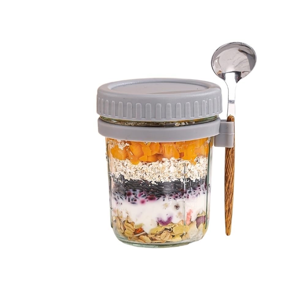 Hgniang 1pc/2pcs Glass Oatmeal Cup, Overnight Oats Container With Lid And Spoon, 16oz Cereal, Milk & Fruit Salad Storage Jar